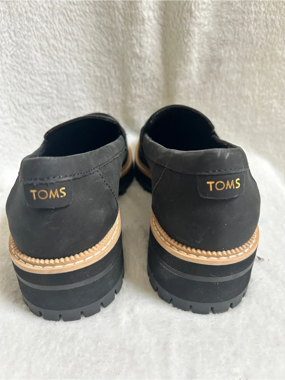 TOMS Black Loafers with Tan Trim - Men's Slip-On Penny Style
